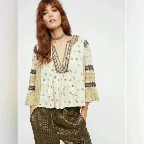 Free People But I Like It Women’s XS Ivory Embroidered Crop Tunic 3/4 Sleeve Top - Picture 1 of 12